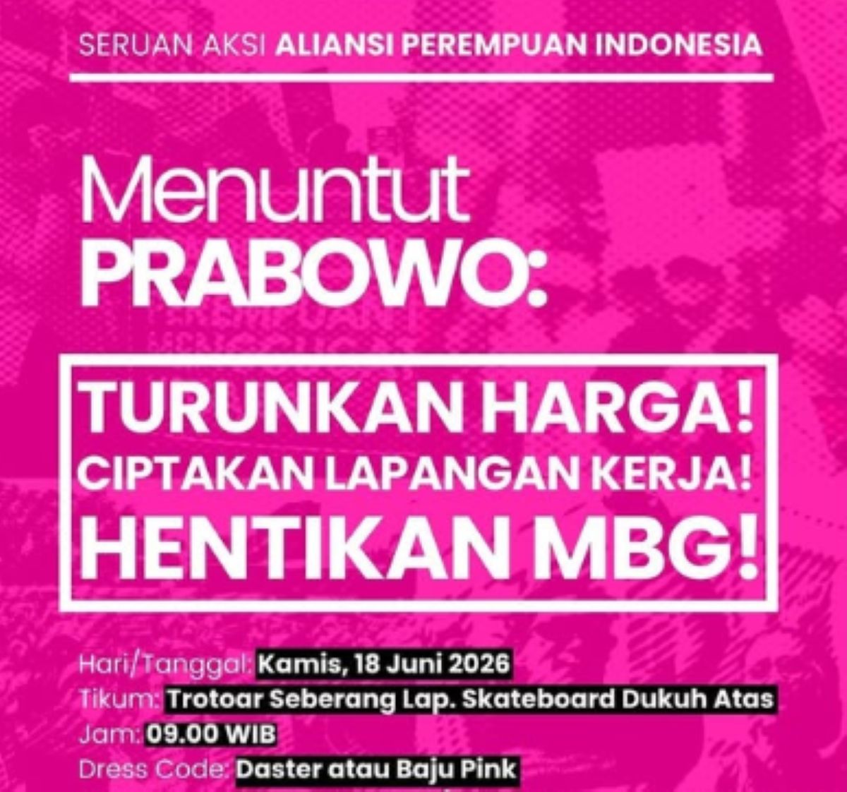 Aliansi Perempuan Indonesia (API) akan menggelar aksi demo di depan Istana Negara Jakarta, Kamis, 18 Juni 2026 besok. (foto: instagram.com/@dearcatcaller.id)